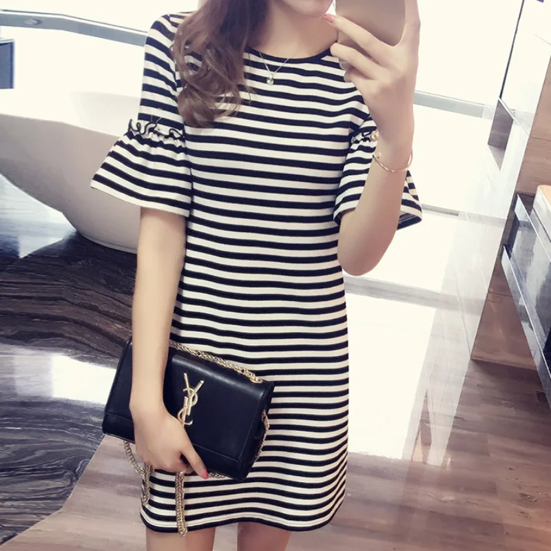 

Summer Korean Striped Mini Dress for Women O-Neck Collar Flare Sleeve Ruffles T-shirt Dresses Casual 18-24 Years Old Vestidos