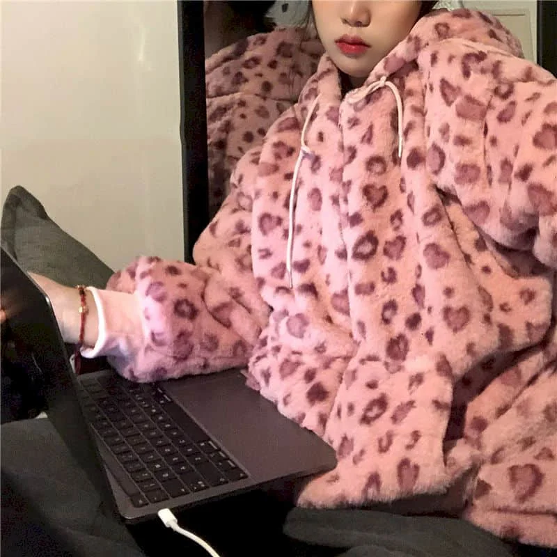 Lamb Wool Coat Women Winter Pink Leopard Print Thick Coat Korean Version Loose Plus Velvet Thick Retro Bright Color Street Coat