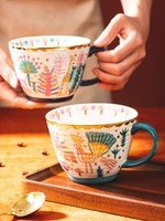 450ml hand drawn ceramic mug vintage household teacup breakfast oat bowl coffee milk cup with anti scald handle