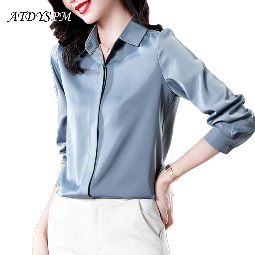 Рубашка Женская атласная модная Базовая Блузка в Корейском стиле серого и синего