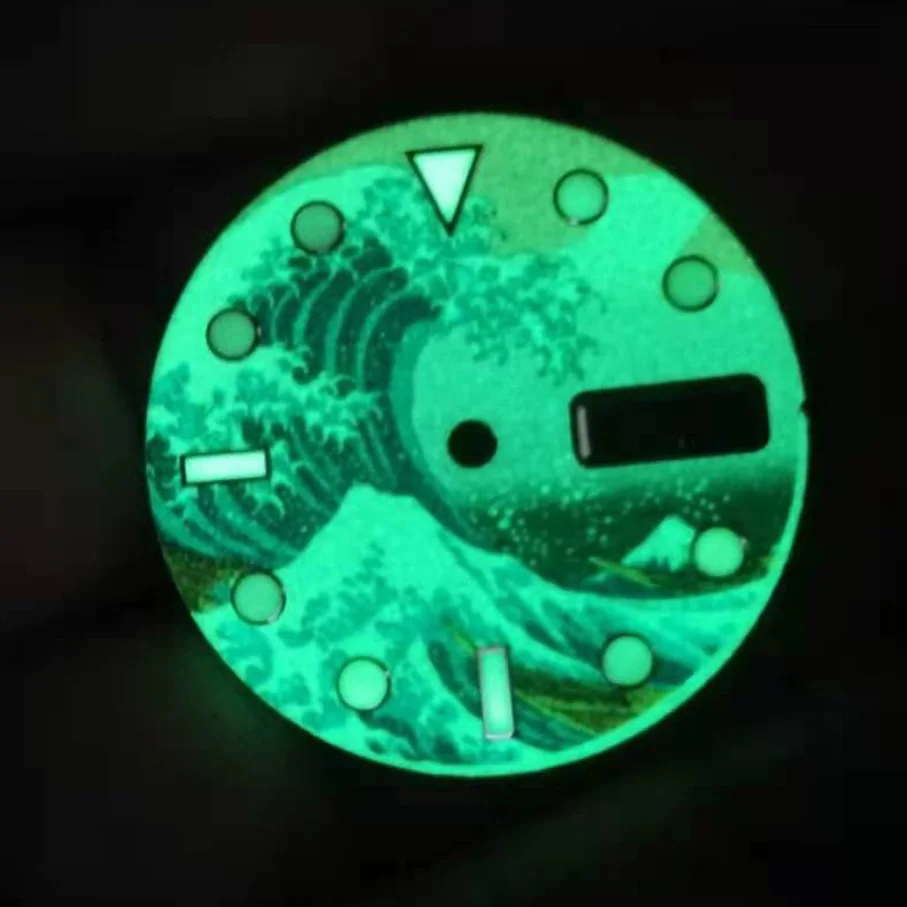 28.5mm Dial Kanagawa Dial For NH36a Automatic Movement Diving Conversion Watch Dual Date Dial Full Luminous Round Studs