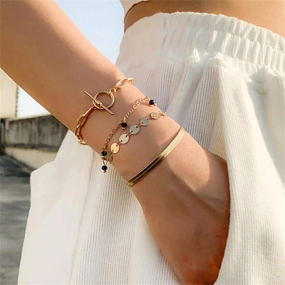 Винтажная золотистая плоская цепочка с подвеской из черного бусинного диска и геометрическим браслетом для женщин в стиле бохо, модный украшения подарок.