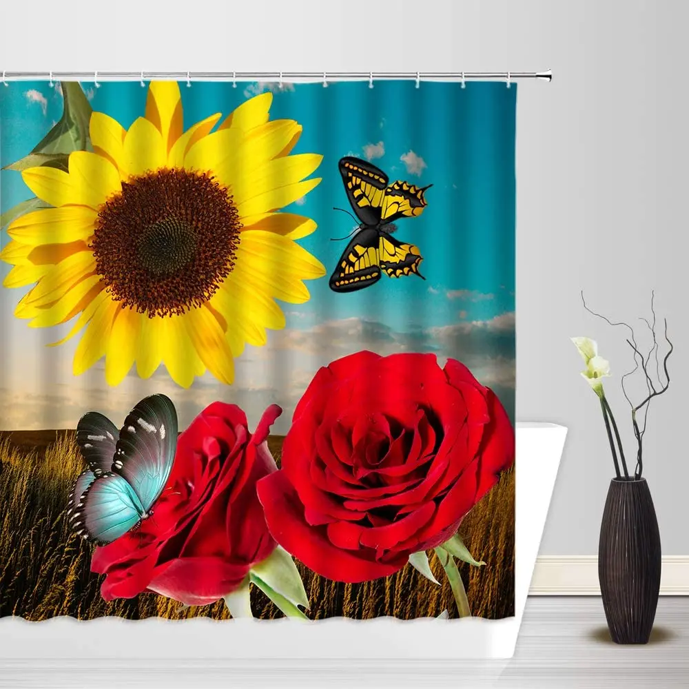 

Rose Sunflower Flowers Butterfly Shower Curtain Red Floral Plant Waterproof Fabric Bath Curtains Bathroom With Hooks Screens