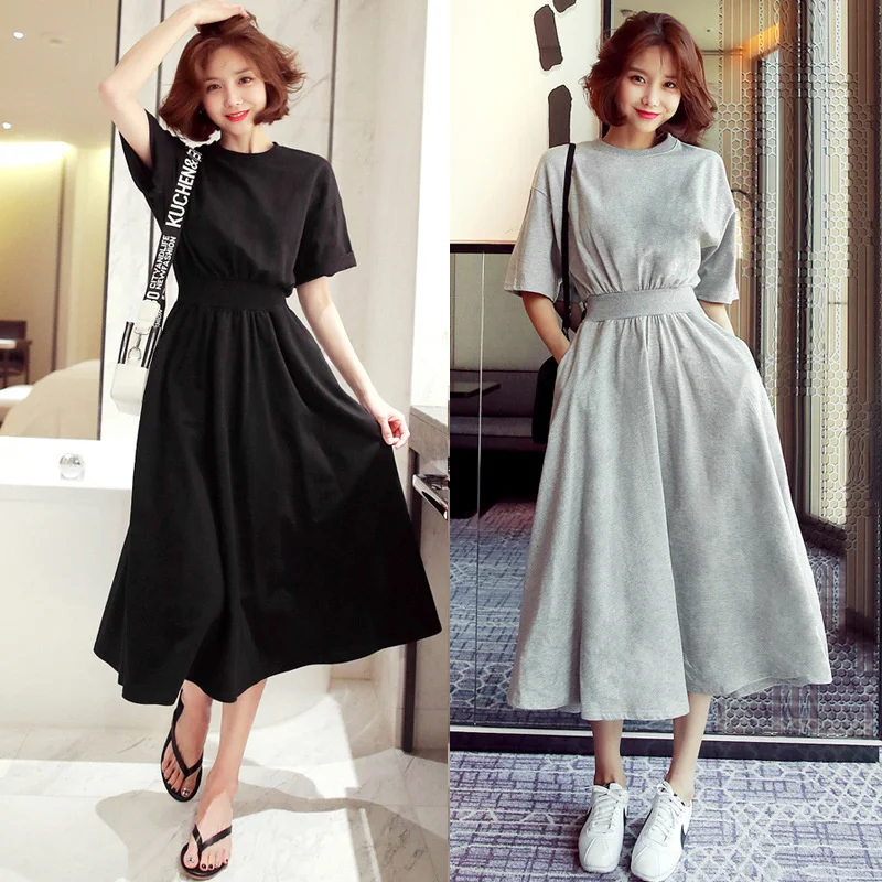 

Women Dress Girl's Large Skirt Korean Half Sleeve Waist Long Dresses High Waist Round Neck Loose Casual Skirt Woman Dress