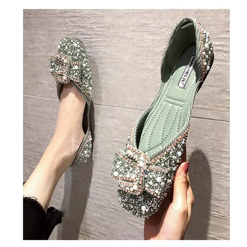 

Женские балетки 2022 Блестящие кристаллы бриллиантовое платье Женская Бант блестки одна обувь Стразы Блестящий квадратный носок