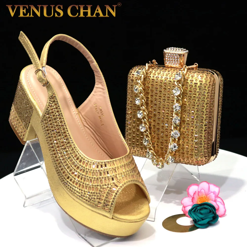 Venus Chan Latest Summer Women's Shoes High-Heeled Sandals Italian Design Rhinestone Golden Shoe and Bag set for Party in Ladies