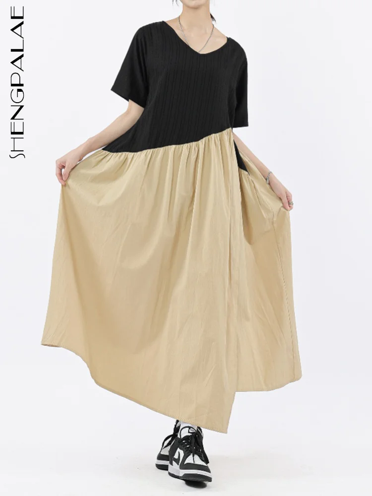 SHENGPALAE Patchwork Contrast Color Dress For Women Fashion V-neck Short Sleeve Folds A-line Vestido Summer 2023 New Tide 5R4533