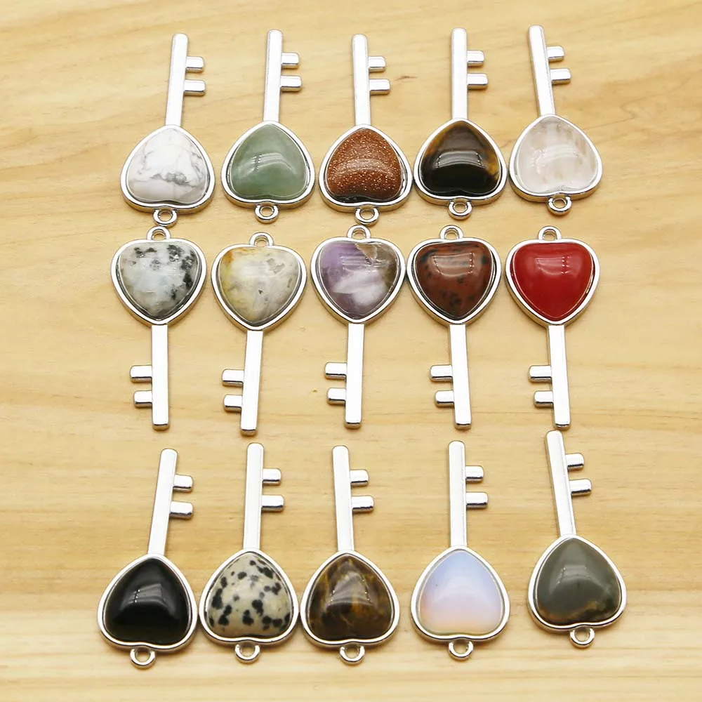 Selling Natural Stone Heart Crystal Agate Key Pendants Opal Stainless Steel Necklace Fashion Jewelry Accessories Wholesale 10Pcs