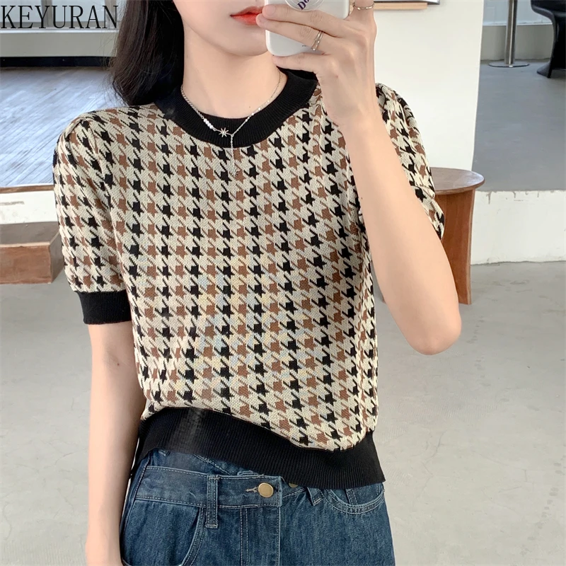 

2022 Summer Houndstooth Contrast Color Sweater Women Pullover Korean Elegant O-neck Puff Short Sleeve Knitwear Top Female Jumper