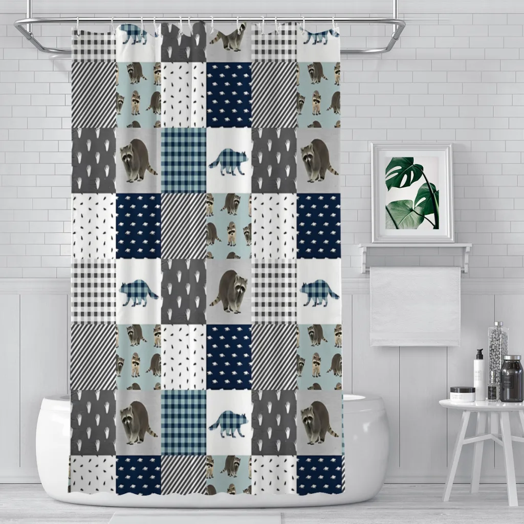 

Animal Checkerboard Shower Curtains Raccoon Waterproof Fabric Creative Bathroom Decor with Hooks Home Accessories