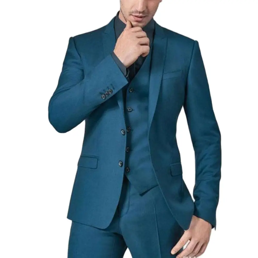 

Костюм мужской деловой из 3 предметов, приталенный сине-зеленый однотонный классический блейзер, жилет и брюки для жениха, для свадьбы