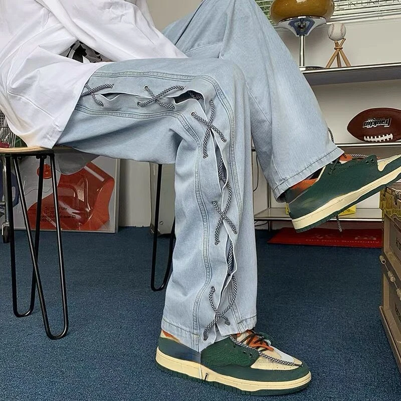 Streetwear Y2k Jeans Pants Lace Up Baggy Black Jeans Man Pants Designer Clothes Side Split 2023 Korean Fashion New