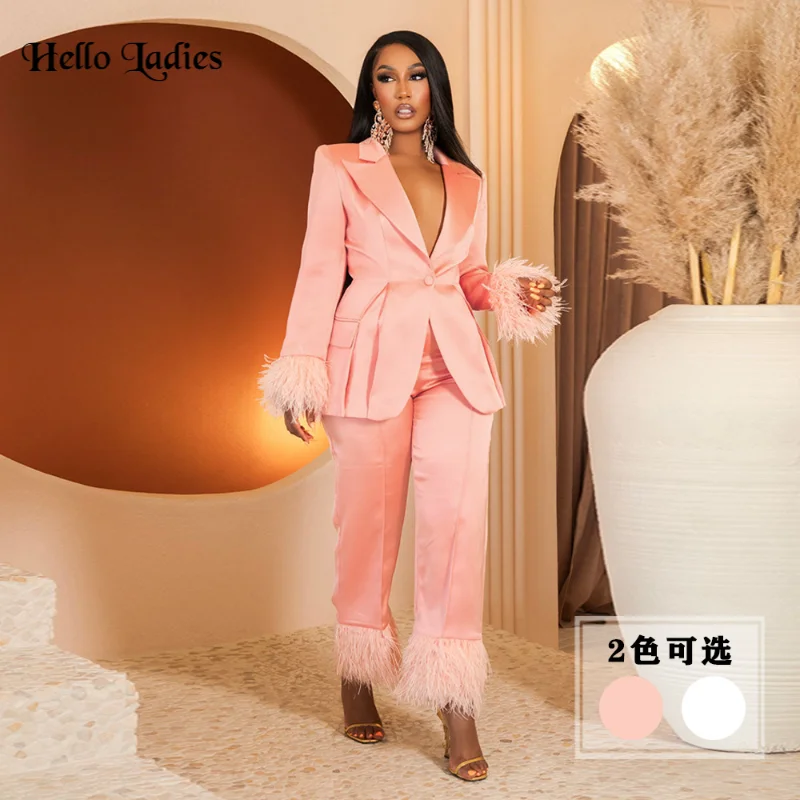

HL Fashion Fur Hem Splicing Blazer Suit for Women Elegant Straight Pants 2 Piece Set Outfits Office Lady Street INS Tracksuit