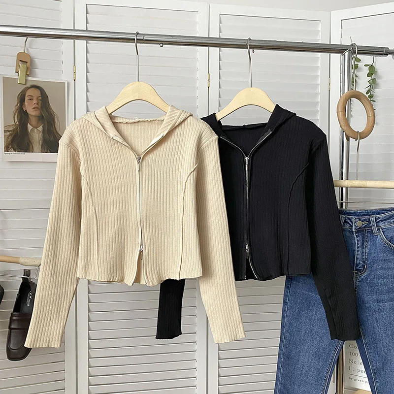 

Pearl Diary New Y2K Hooded Basics T-shirts Korean Fashion Zipper Long Sleeve Crop Top Female Solid Color Casual T-shirt Woman
