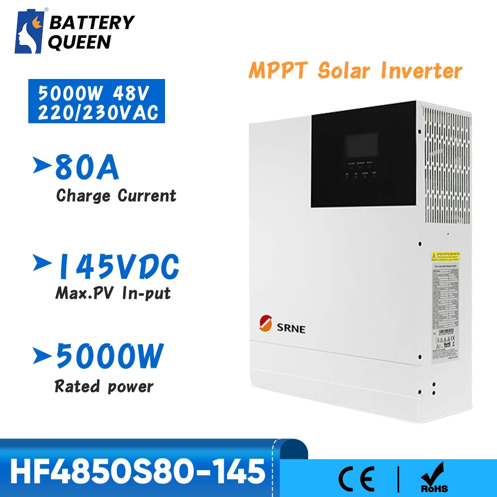 

SRNE 48V 5000W Hybrid Solar Inverter 220V 230V AC Pure Sine Wave Inverter Build-in MPPT 80A Solar Controller PV-input 145V DC