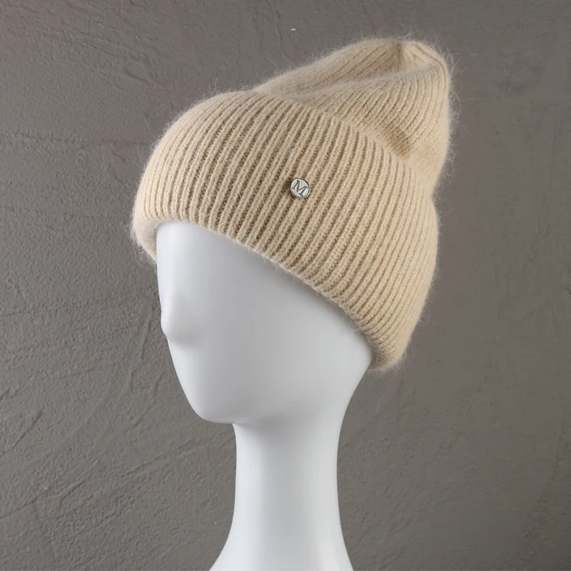 Angora Rabbit Hair Knitted Beanie Women's Fashion Warm Cashmere Wool Skull Beanie Woman Bi-fold Hat