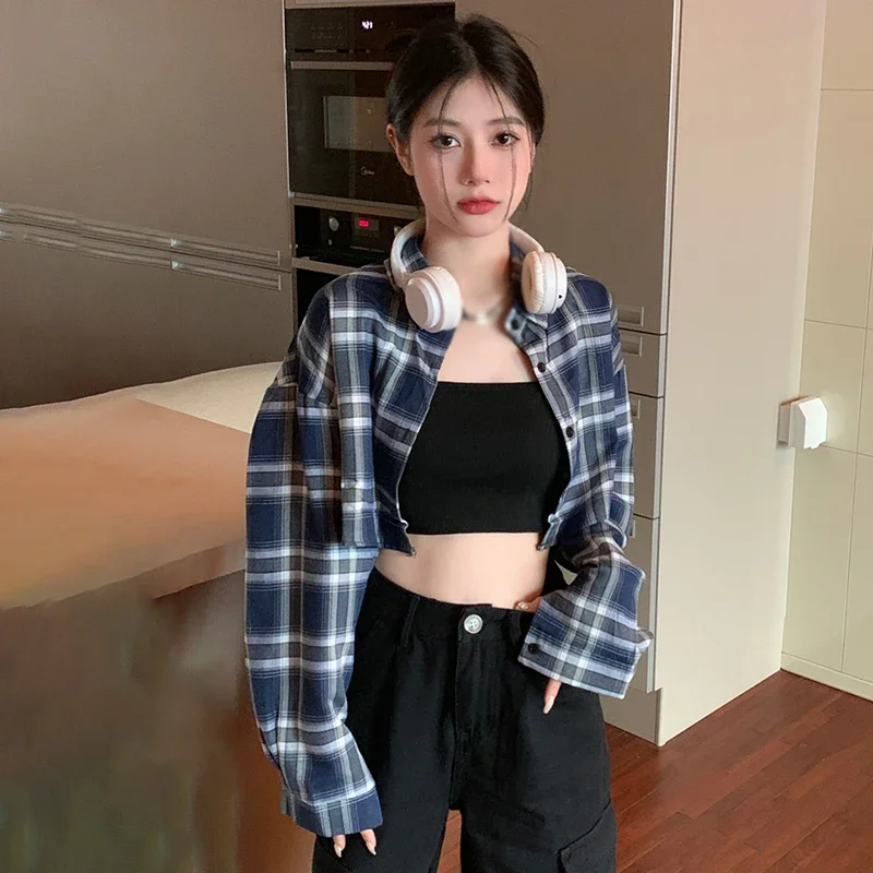 Женская Повседневная клетчатая рубашка в Корейском стиле с отложным воротником