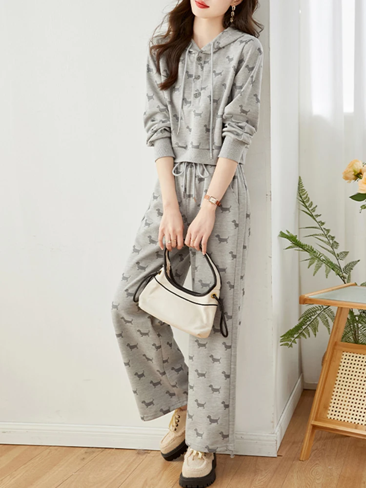 

Autumn Hoodies Two Piece Set For Women Tracksuit 2023 New Cartoon Pullover+Drawstring Wide Leg Pants Fashion Casual Grey Suit