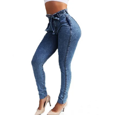 Women Jeans Summer Solid Skinny Slim Stretch Fringe Belt Pencil Jeans High Waist Tassel Drawstring Femme Stretch Denim pants