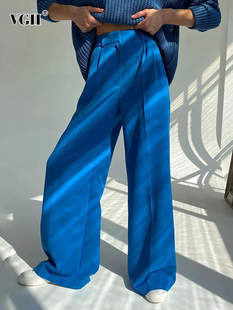 

VGH Casual Ruched Wide Leg Pants For Women High Waist Loose Solid Minimalsit Korean Fashion Autumn Trousers Female Cltohing New