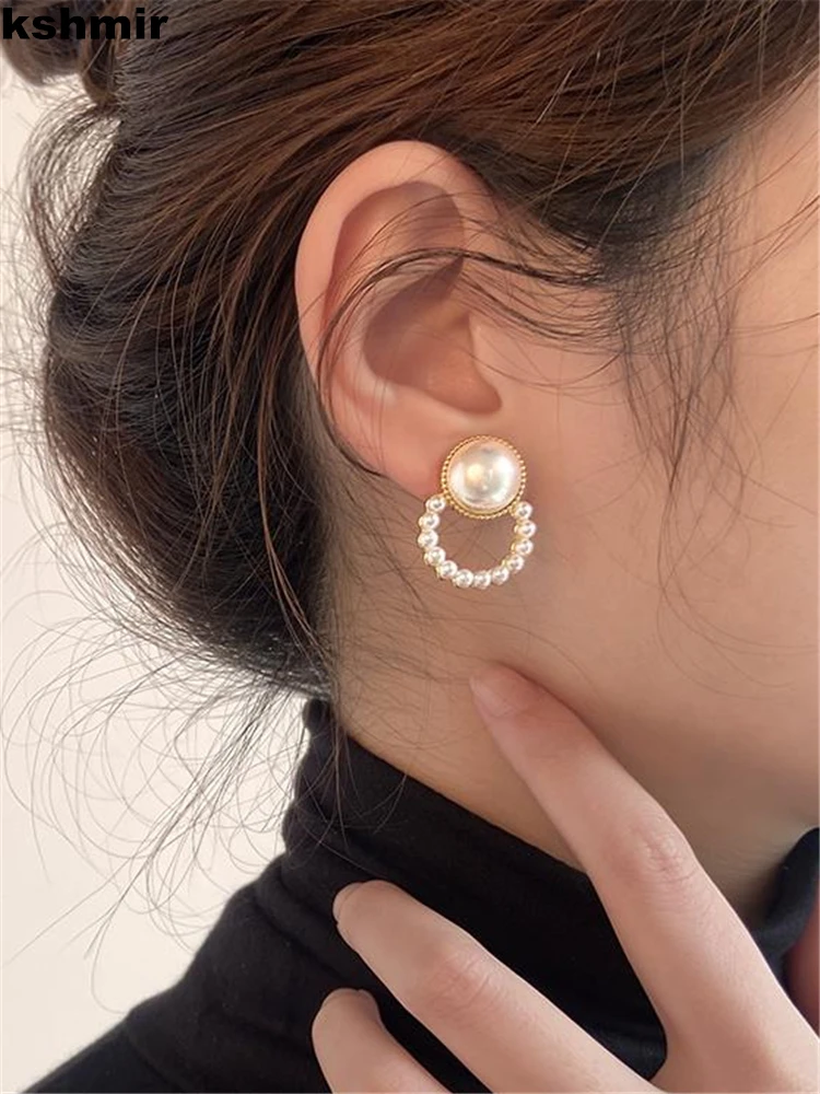 

kshmir Women simple geometric pearl earrings fashion earrings delicate antique style round pearl earrings