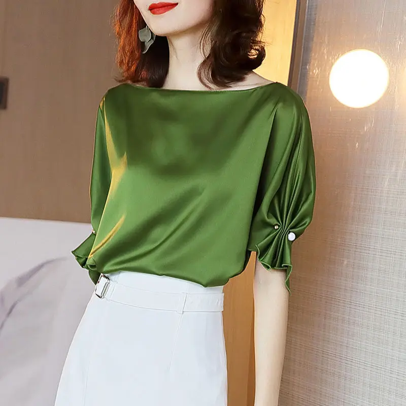 

Elegant Fashion Beading Slash Neck Satin Shirt Women's Clothing 2022 Spring New Office Lady Raglan Half Sleeve Pullover Blouse