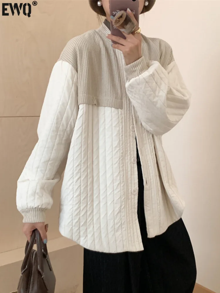 

[EWQ] Korea Single Breasted Long Sleeve Contrast Color Stitching Stripes Cotton New Outerwear Women 2023 Autumn Winter 16U5979