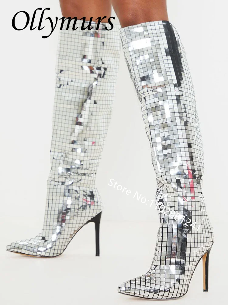 

Ollymurs New Fashion Night Club Sexy Pointed Toe bling bling Knee High Boots Thin High Heels Shoes Women
