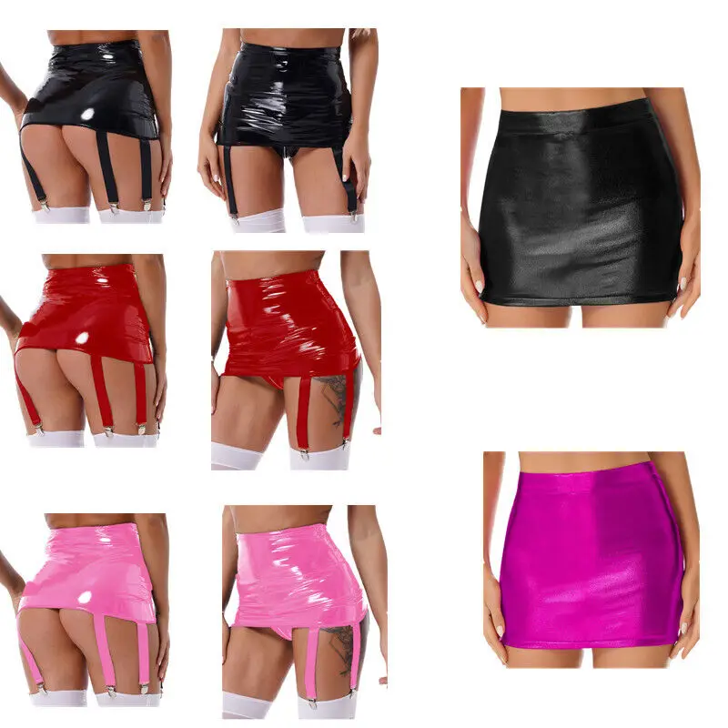 

Женская мини-юбка из блестящей кожи с высокой талией и поясом-подвязкой, сексуальное нижнее белье, одежда для мероприятий и выступлений