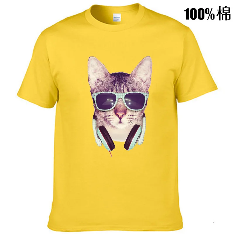 Мужская высококачественная футболка из 100% хлопка с забавным принтом DJ котом