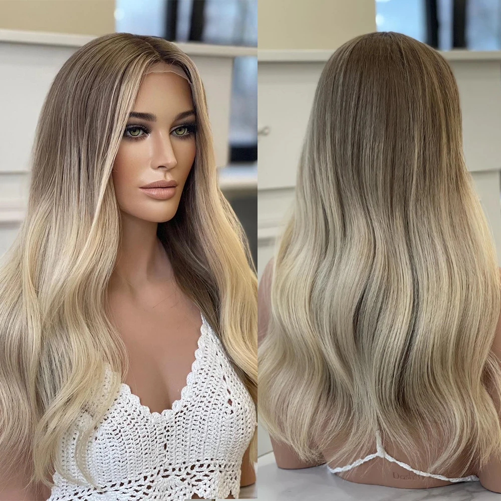 

Slight Wavy Full Lace Human Hair Wigs Virgin Remy Hair Ash Blonde Highlight Wig Dark Roots Ombre HD Lace Front Wig 13x6 200%