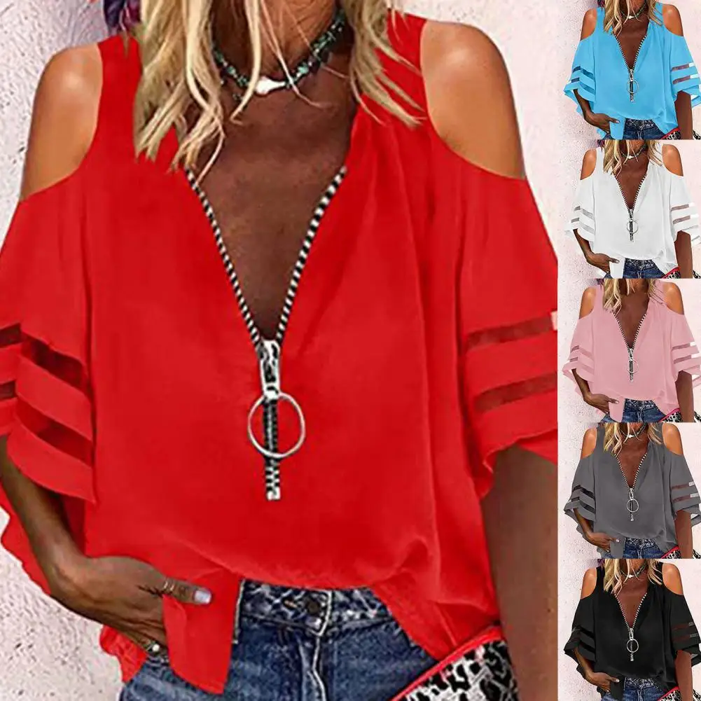 

Chic Women Blouse Lightweight Wear Resistant Lady Shirt Half Sleeve Lady Blouse