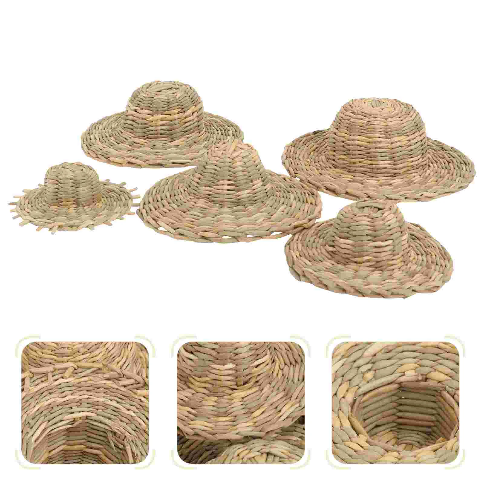 

5Pcs Mini Woven Straw Hat Decor Lovely Hats Model Doll Cap Mini Straw Hat Hand-woven Hat Mini Hats Decor for Gift Home Decor