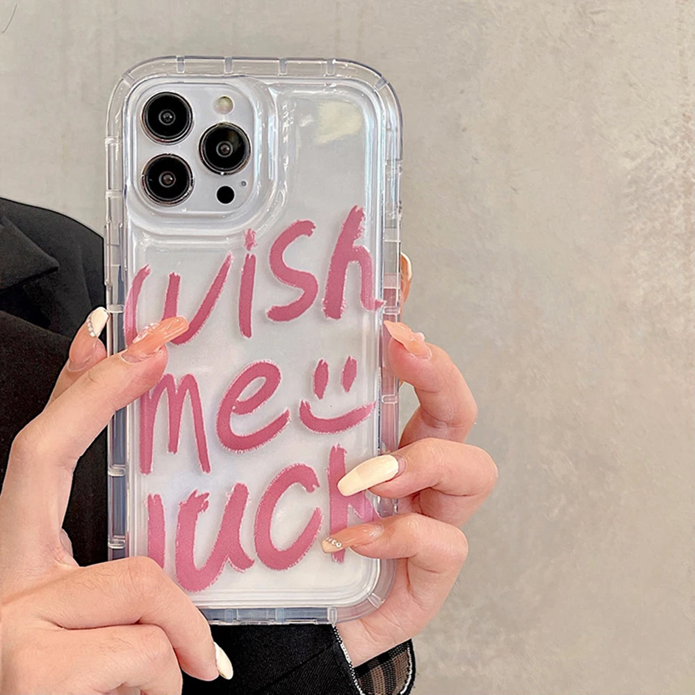 

Pink Best Wishes Letter Transparent Phone Case For iPhone 11 13 12 14 Pro Max Plus 7 8 SE 2020 Air Cushion Protective Back Cover