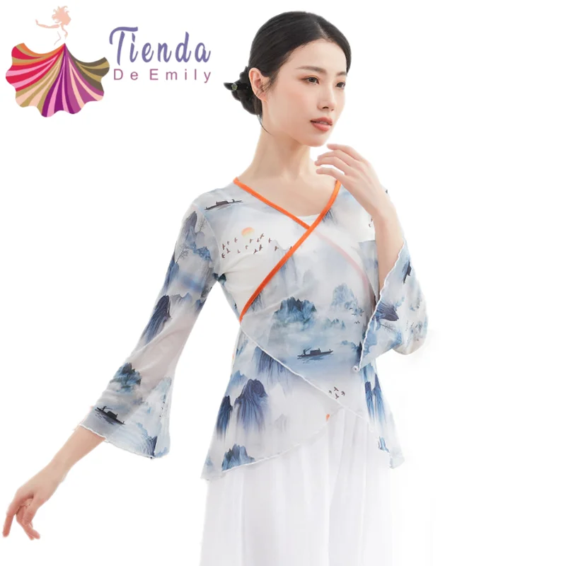 

New Classical Dance Clothes Women Gauze Stage Practice Shirt Chinese Folk Dance Cardigan V Neck Flared Sleeve Antique Top 22010