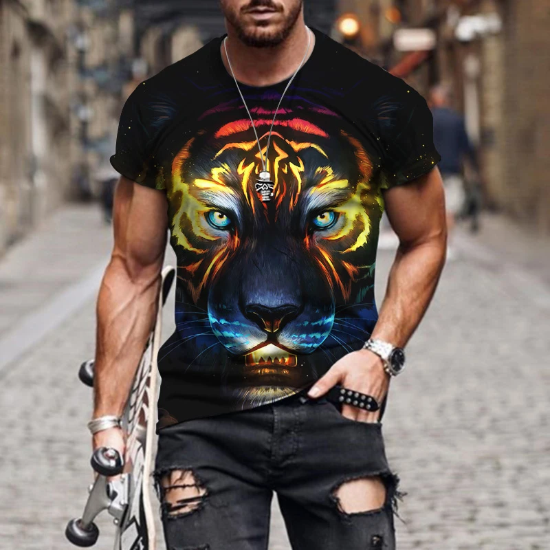 

New 2022 Summer 3D Print Tiger Men T-shirt Fashion Casual Trend Personality Wild Short Sleeve Top Hip Hop Harajuku Streetwear