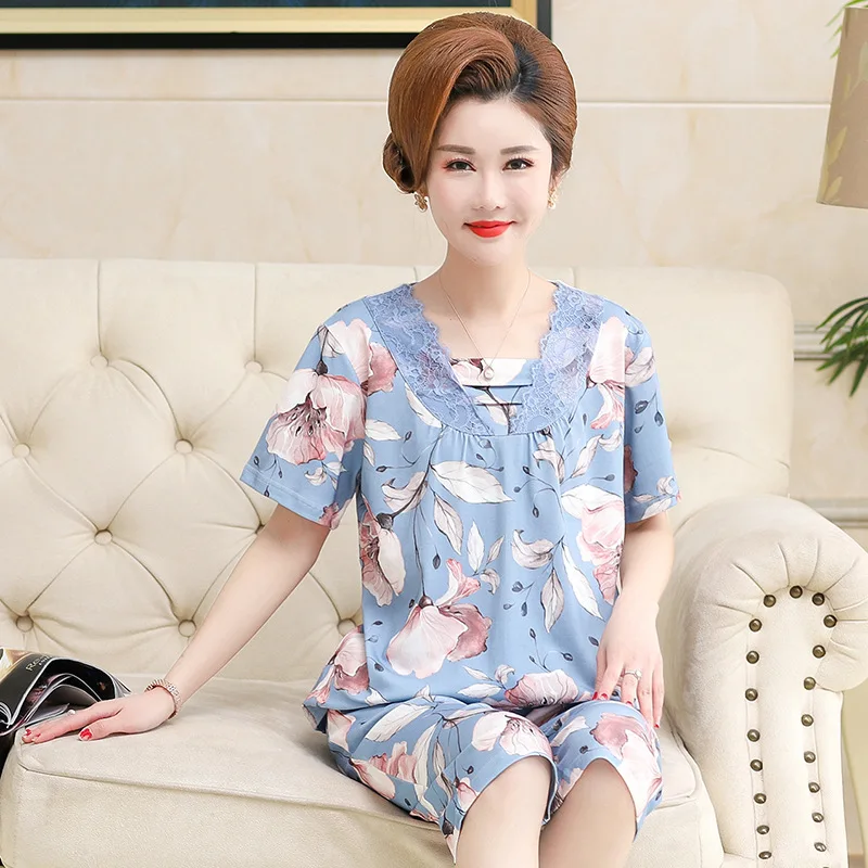 3XL Women's Summer Sleepwear Suit Cotton Soft Pajamas for Women Elegant Floral Print Pyjama pijama feminino Elastic Waist Pants