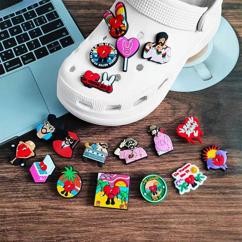 18pcs/set Hot sell Clown Garden Shoes Accessories PVC Bad Bunny Shoe Decorations Fit Kids Croc Jibz Charm X-mas Gift