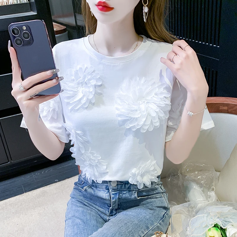 

Футболка женская с коротким рукавом, модная рубашка в Корейском стиле, повседневный милый однотонный топ с круглым вырезом и цветами, белый цвет, на лето