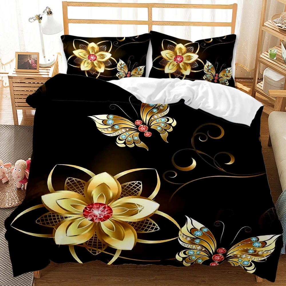

Bedding Sets For Women Golden Butterfly Black Gold Duvet Cover Flower Butterflies Polyester Quilt Cover