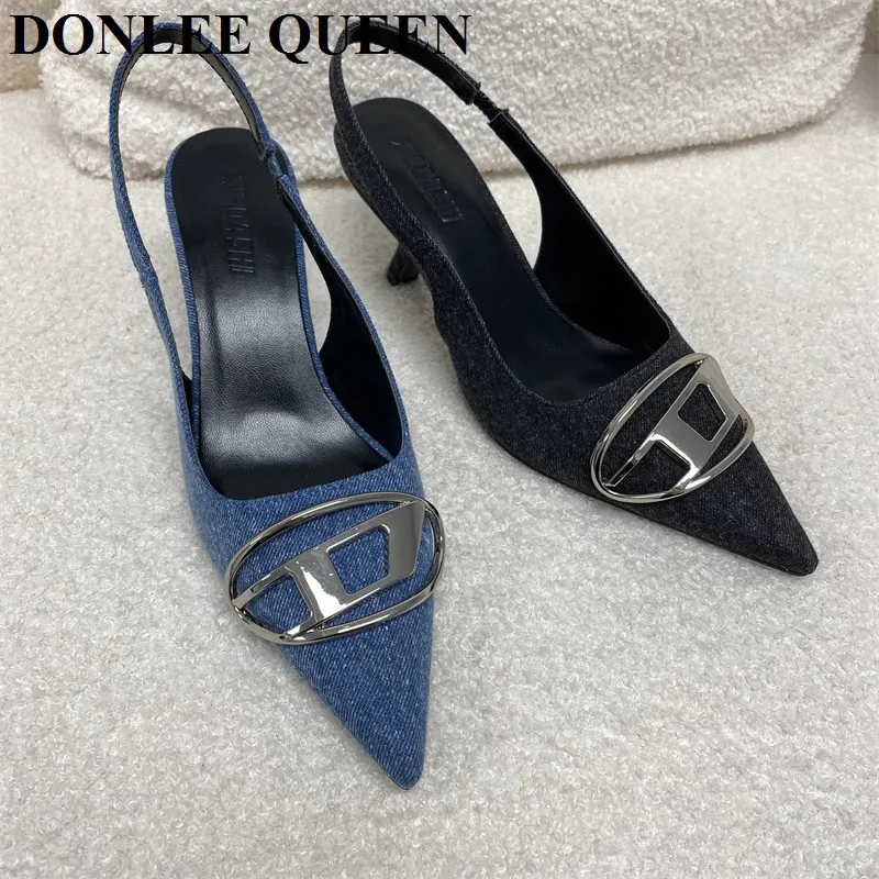 

Fashion Slingback Sandals Women Low Heels Pumps Brand Shoes Elegant Pointed Toe Female Mules Dress Slides Denim Sandalias Mujer