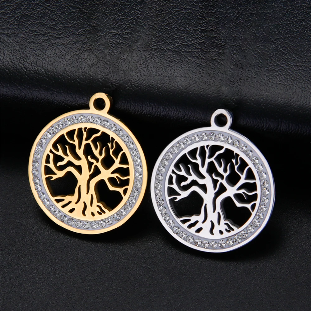 

5pcs/Lot Stainless Steel Charms For Jewelry Making Wholesale Crystal Tree Round Pendant Diy Women Necklace Earrings Accessories