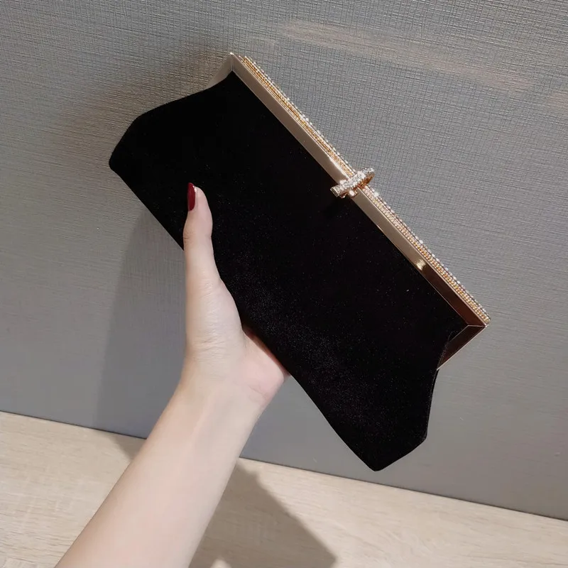 

Women Evening Bag Velvet Black Crystal Elegant Party Clutch Purse Lady Small Wedding Handbag Chain Shoulder Bag