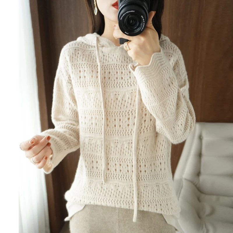 

Женский кашемировый свитер на завязках, универсальный пуловер с капюшоном и цветочным узором из 2022 шерсти, Весна-Осень 100%