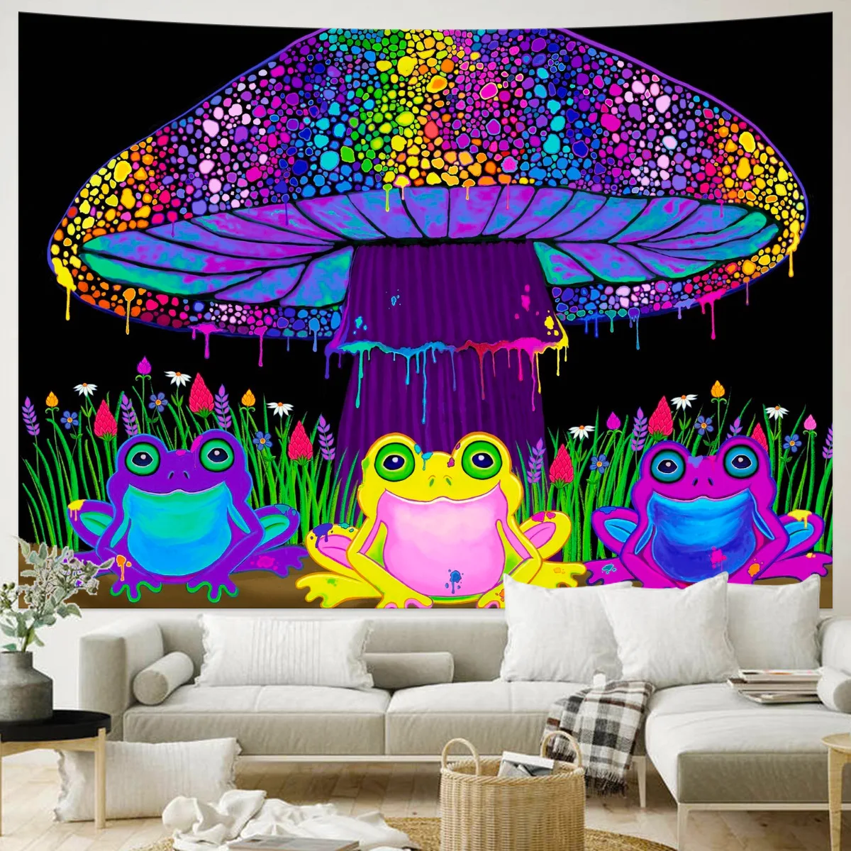 

Психоделический цветной гобелен в виде грибов и лягушек, коврики для пикника, домашнее декоративное одеяло, покрывало для спальни, потолка ...