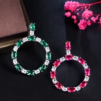 threegraces high quality green cubic zirconia stone big hollow round dangle earrings for women fashion banquet fine jewelry e884