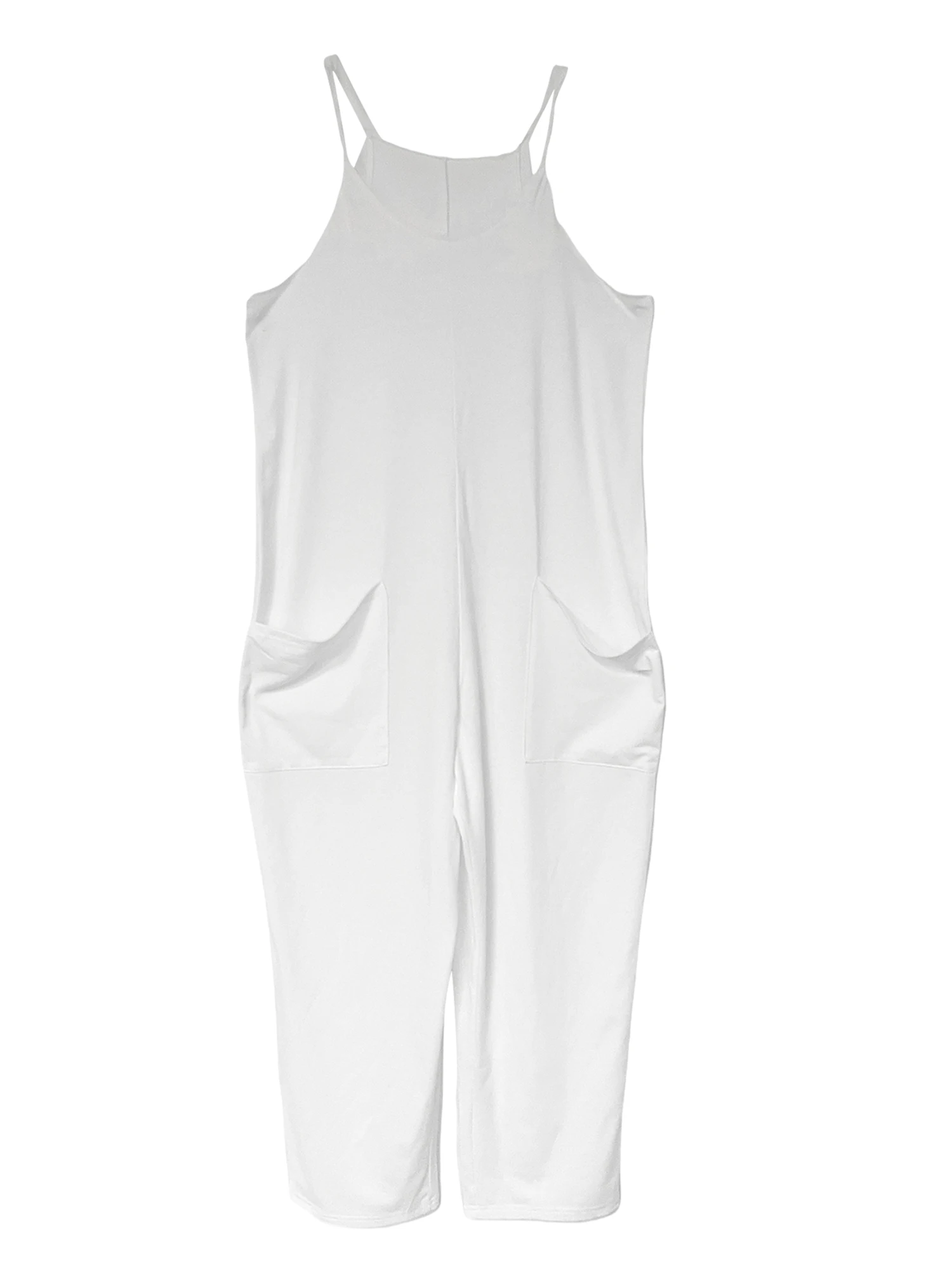 

Loose-Fit Sleeveless Jumpsuit with Buttoned Straps Wide-Leg Pants and Convenient Pockets for Women s Casual Wear