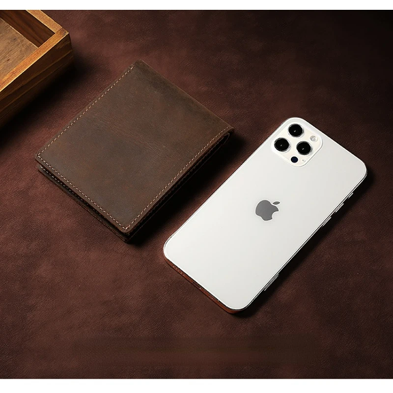 2023 New Vintage Fashion Genuine Leather Money Clip Simple Clip Crazy Horse Leather Men's Head Layer Cowhide Short  Wallets