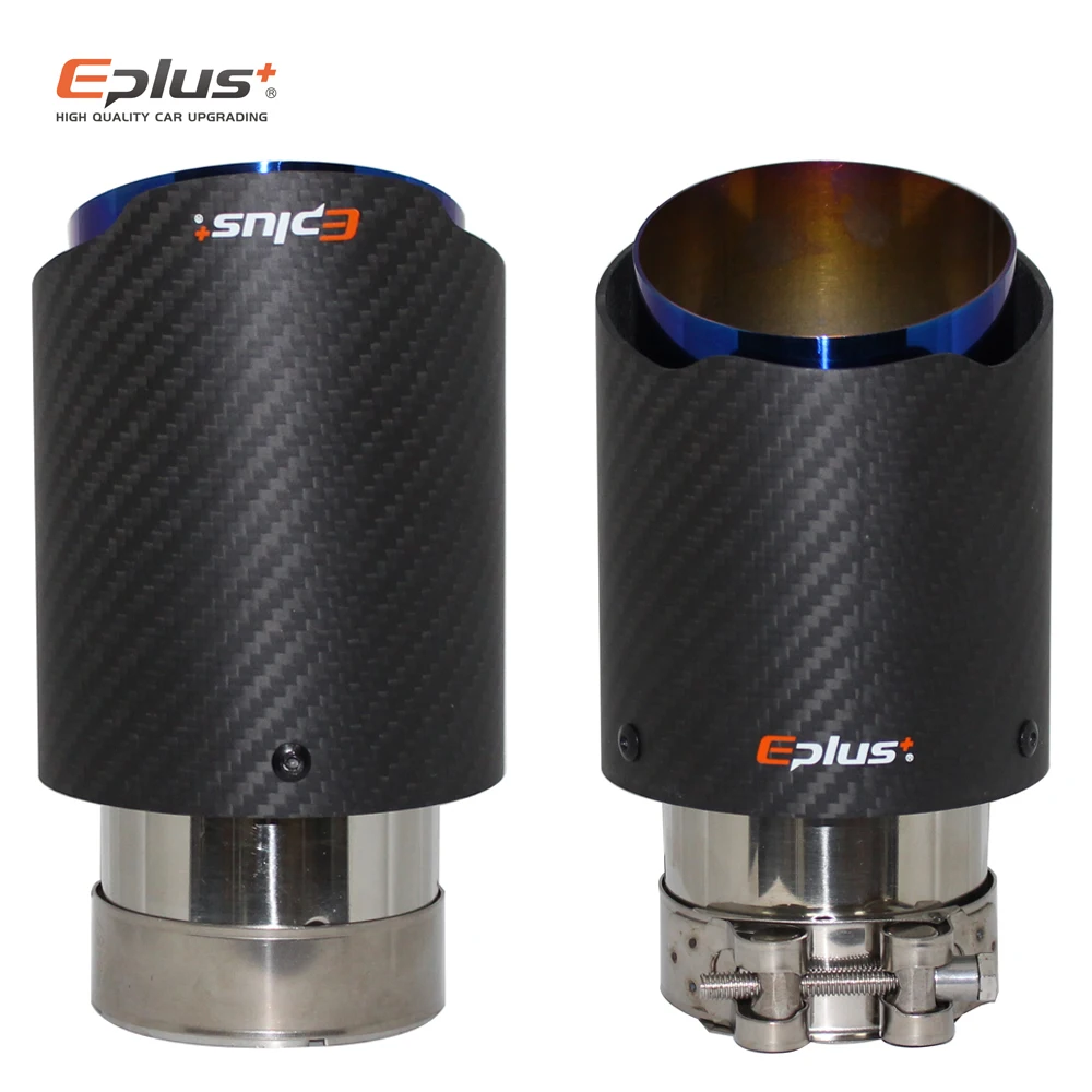 

EPLUS Car Matte Carbon Fiber Exhaust System Muffler Tip Universal Straight Stainless Blue Mufflers Multiple Sizes FOR Akrapovic