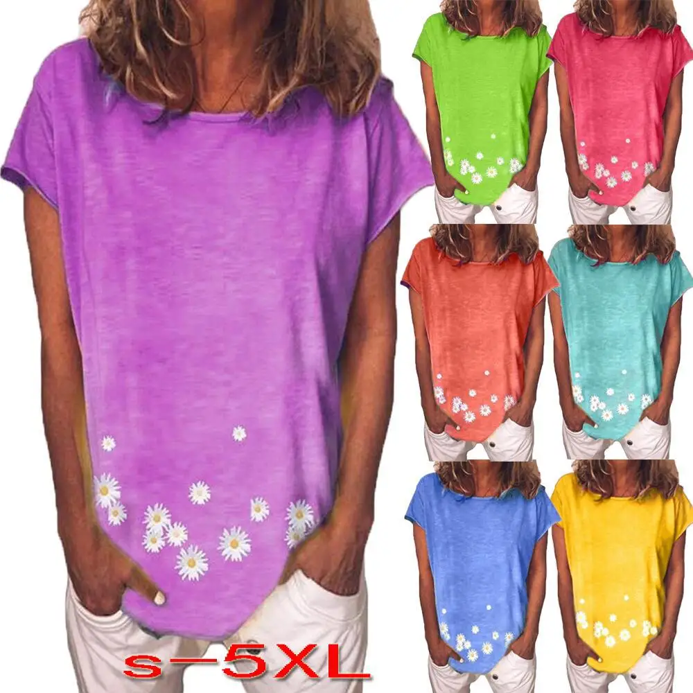 

2022 Women Summer Casual Loose Fresh Daisy Printed T-shirt T-shirt Short Sleeve Round Neck Top